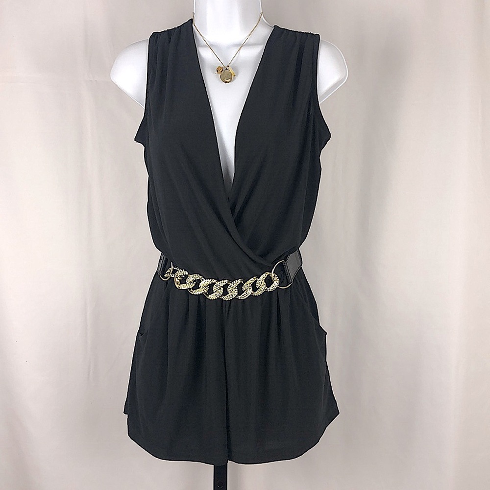 Valía Black V-Neck Belted Romper, Size S